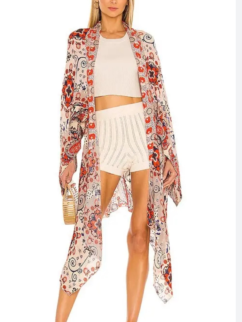 Free People Little Wing Red Paisley Asymmetric Bohemian Kimono Layering Shawl OS